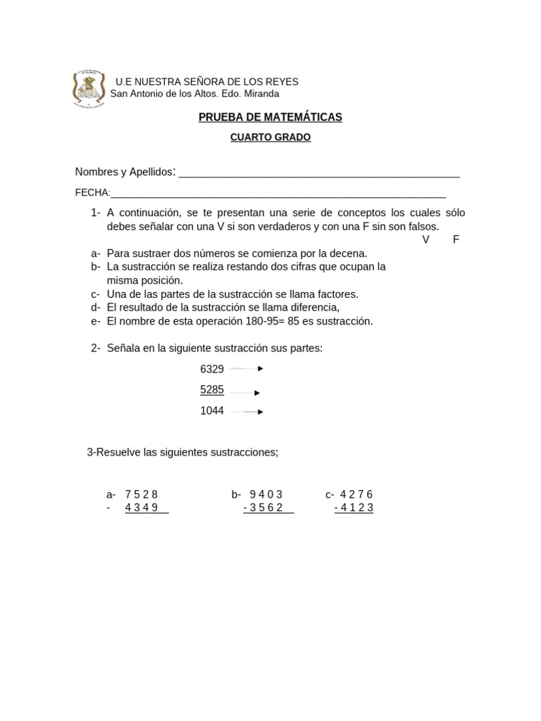 Prueba de Sustracción para Cuarto Grado | PDF