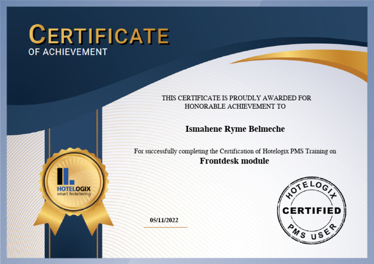 Hotelogix PMS Frontdesk Training Certificate | PDF
