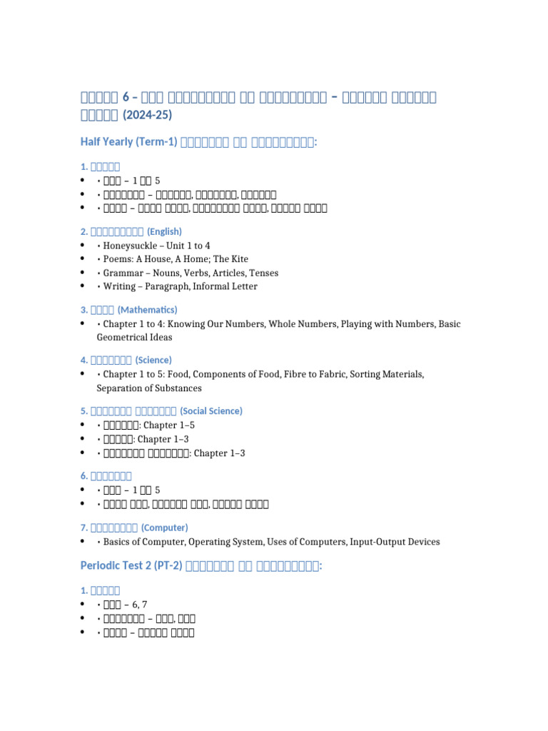 Class 6 All Exams Syllabus Delhi 2024-25 | PDF