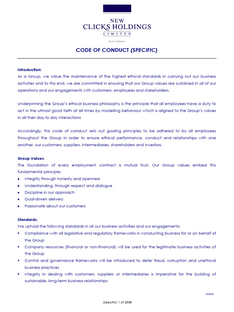 Code of Conduct (To Be Signed and Initailed) | PDF | Employment | Integrity