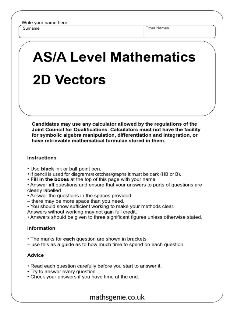 AS/A Level Mathematics: 2D Vectors Exam | PDF | Acceleration | Force