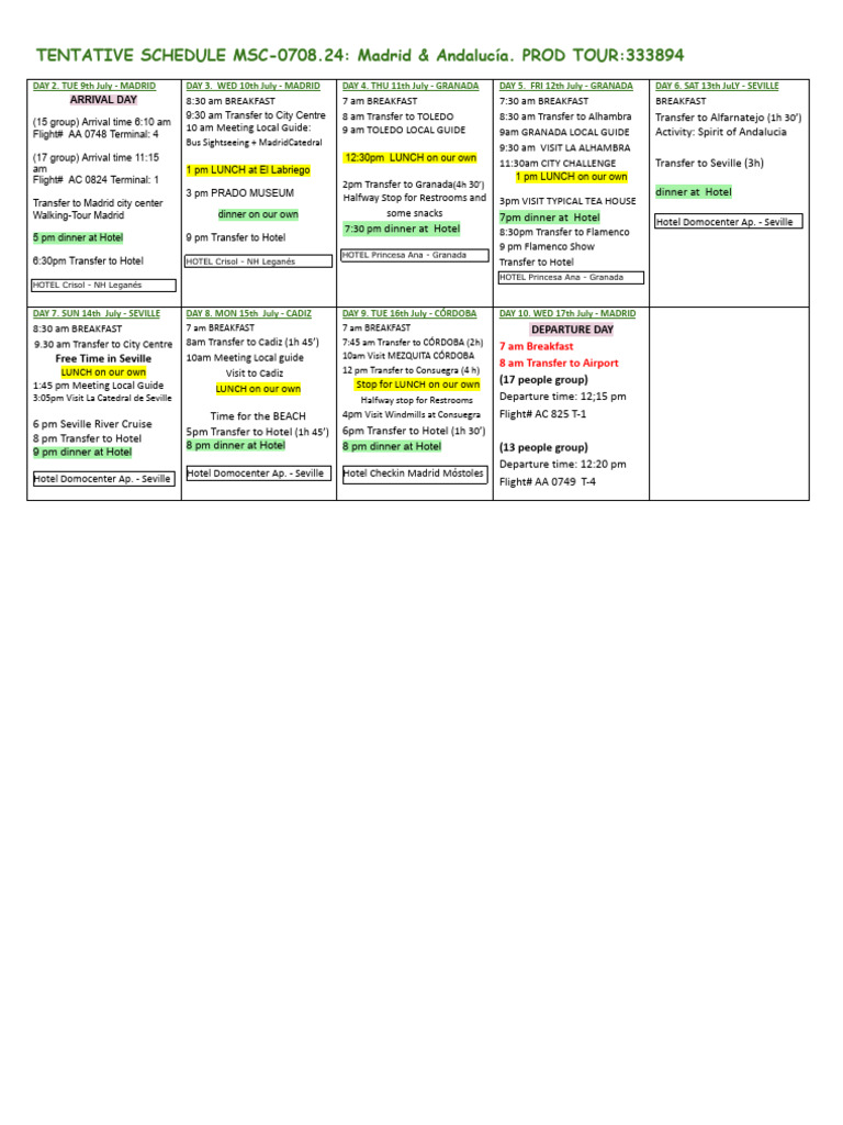Tentative Schedule MSC Madrid & Andalucia 2024 | PDF | Granada | Meal