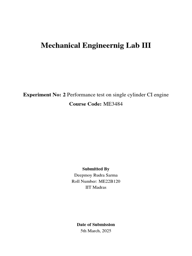 Single Cylinder CI Engine Performance Test | PDF | Engines | Diesel Engine
