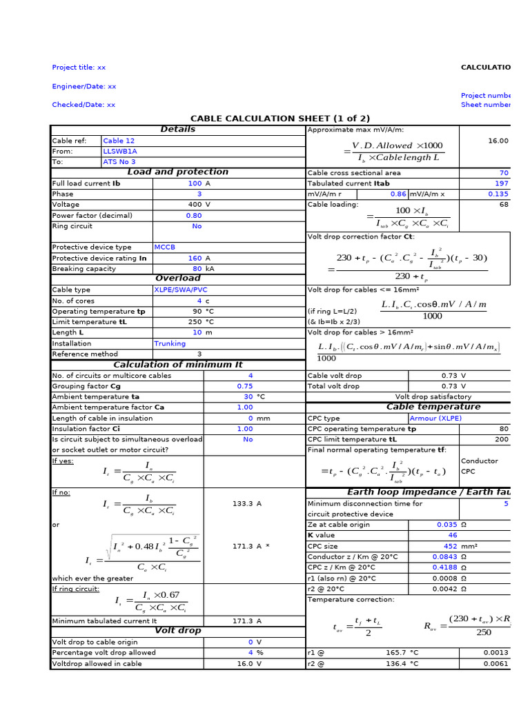 Cable Calculation Sheet Overview | PDF | Electrical Conductor | Electricity