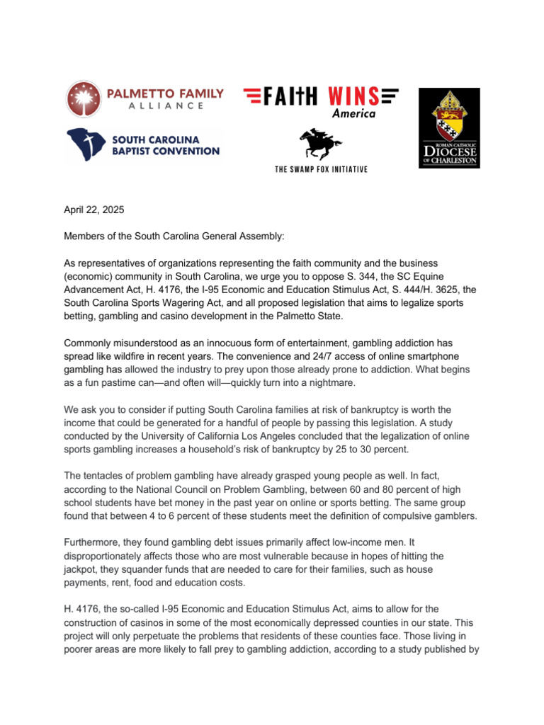 Oppose South Carolina Sports Betting Legislation | PDF | Gambling ...