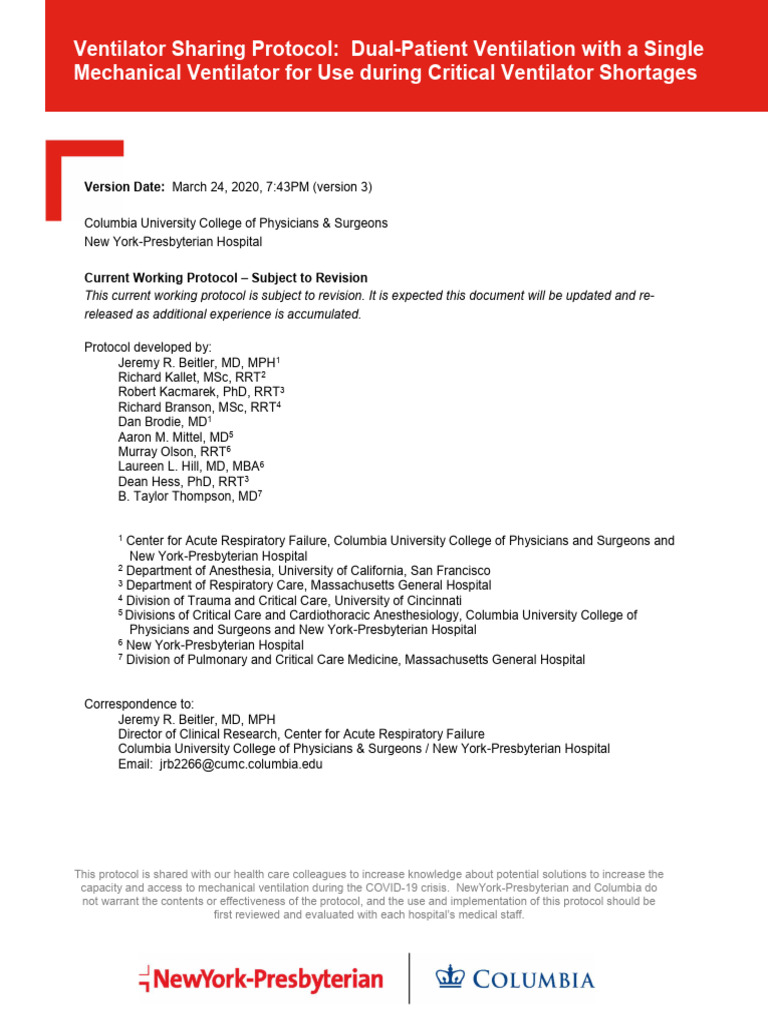 Ventilator Sharing Protocol for COVID-19 | PDF | Respiration ...