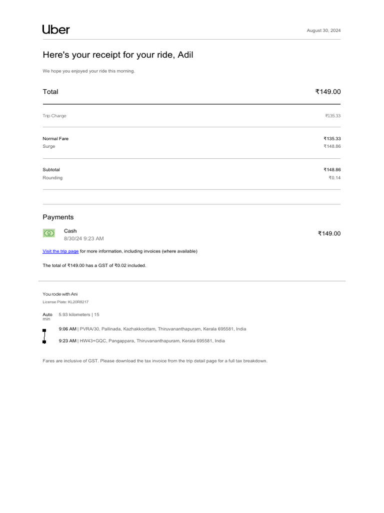 Uber Ride Receipt for Adil - ₹149.00 | PDF