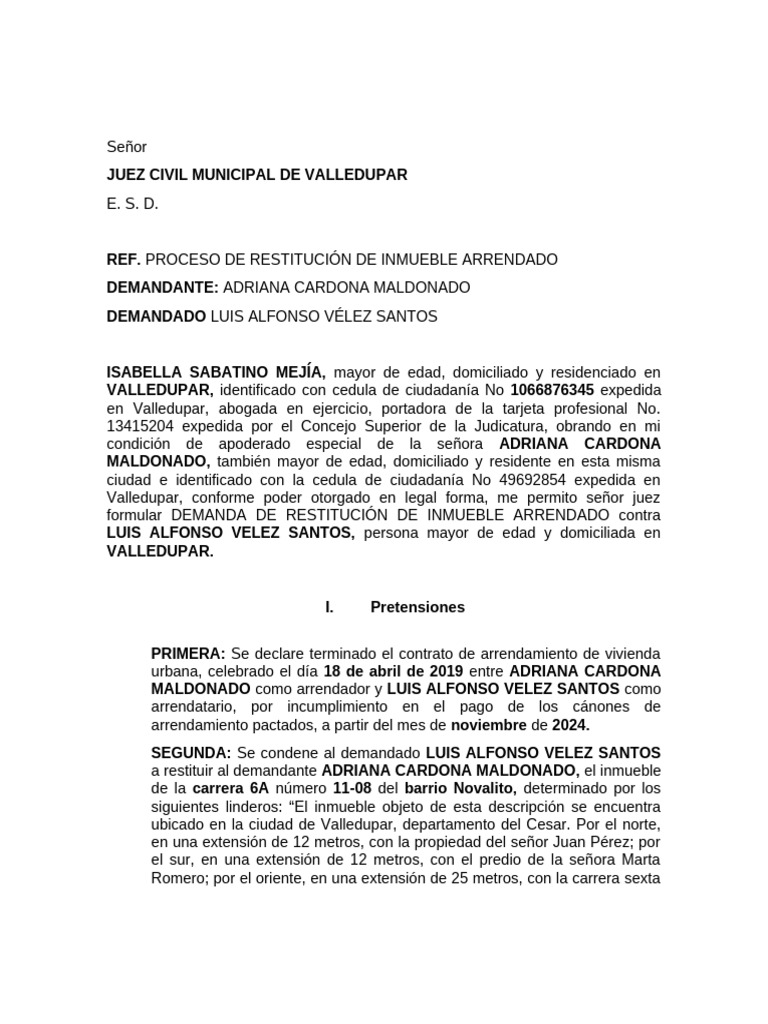 03-DEMANDA-DE-RESTITUCION-DE-INMUEBLE-ARRENDADO-2 | PDF | Demanda judicial
