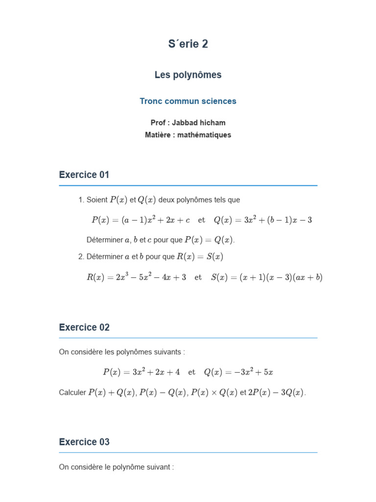 Exercices corrigés sur les polynômes S1 | PDF | Zéro d'une fonction ...