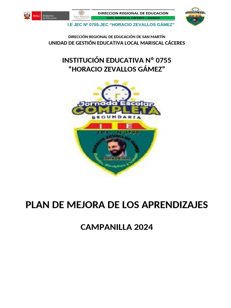 Plan de Mejora de Aprendizajes 2024 I.E. 0755 | PDF | Evaluación ...