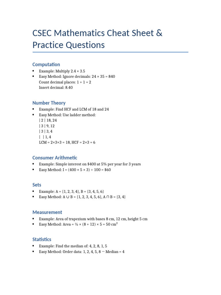 CSEC Math Cheat Sheet and Practice | PDF