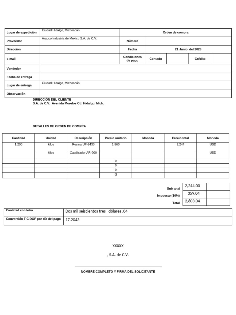 Orden de Compra Resina y Catalizador | PDF | Economias | Mercado de divisas