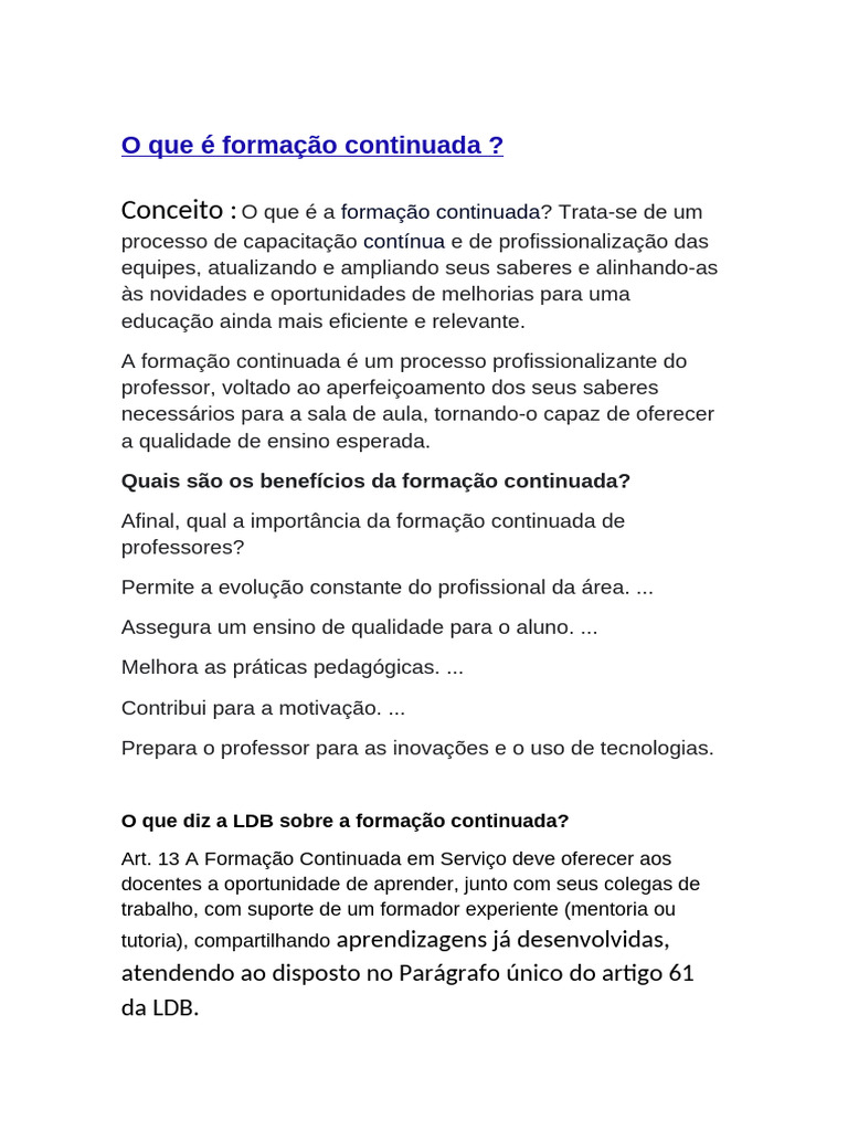 O que é formação continuada? | PDF | Pedagogia | Aprendizado