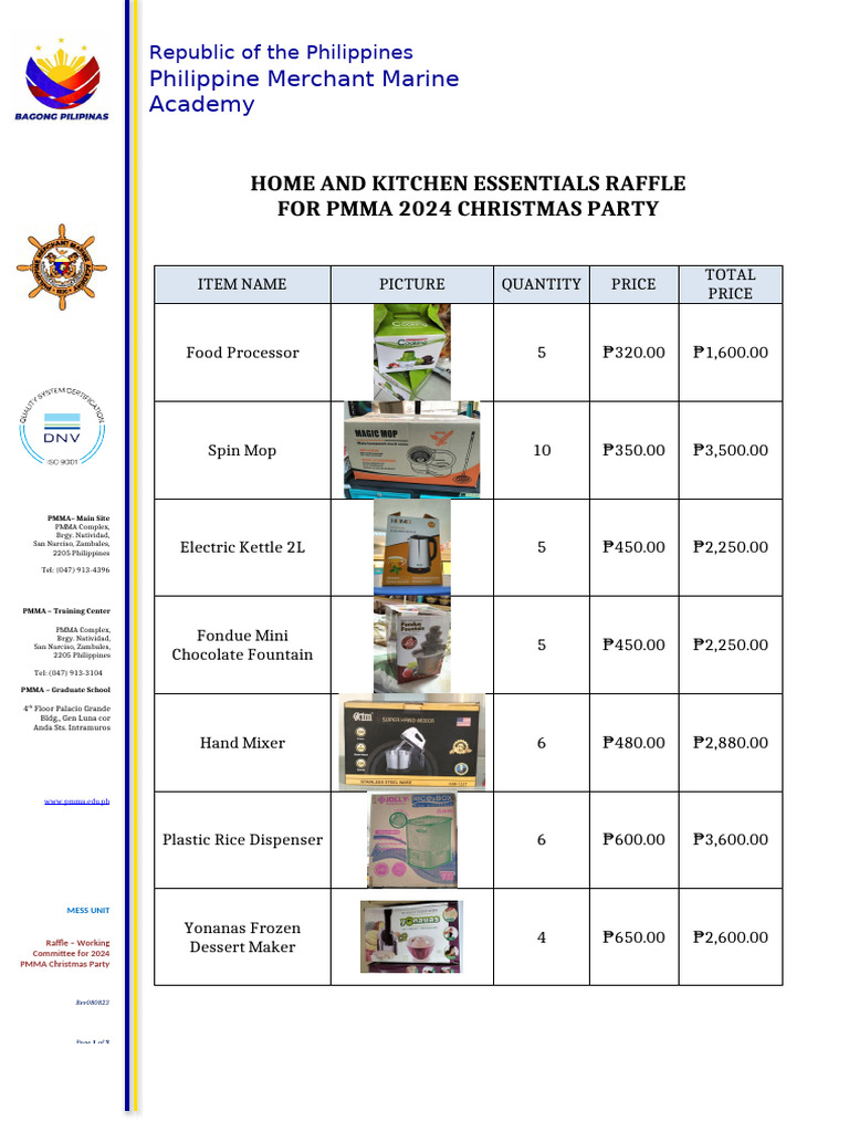 PMMA 2024 Christmas Party Raffle Items | PDF