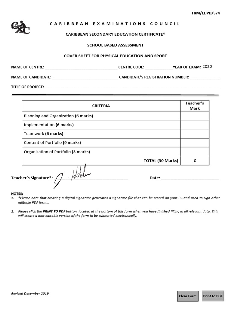 CSEC Physical Education Assessment Form | PDF