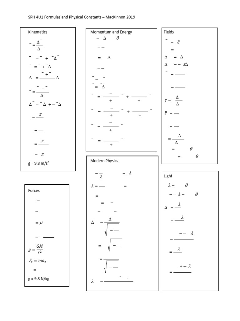 2021 SPH 4U1 Formulas and Useful Values Sheet | PDF | Physics