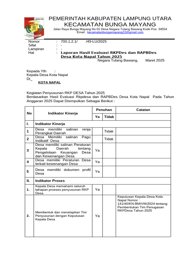 Formulir Pemeriksaan RKPD Desa Kota Napal | PDF