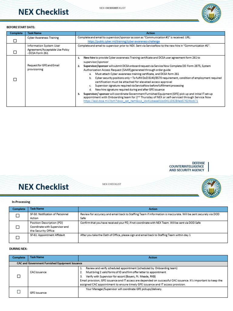 NEX Onboarding Checklist for DCSA Employees | PDF | Computing