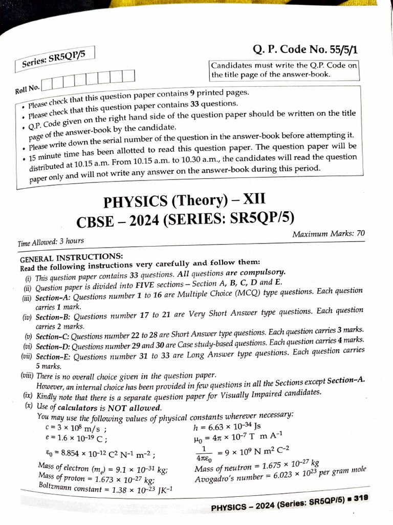 CBSE XII Physics Question Paper 2024 | PDF | Capacitor | Dielectric