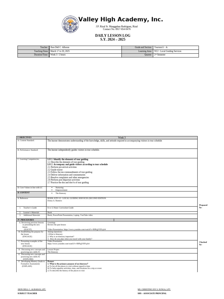 Daily Lesson Log: Tourism11 - Week 3 | PDF | Learning | Teachers