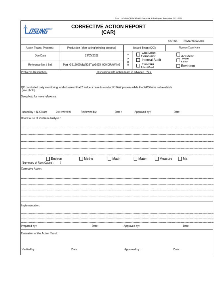 Corrective Action Report for Welding Issues | PDF | Production And ...