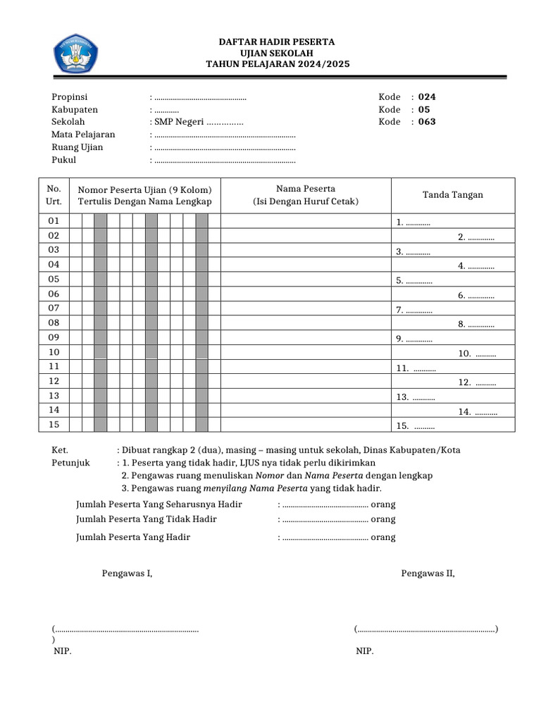 Daftar Hadir Ujian Sekolah 2024/2025 | PDF
