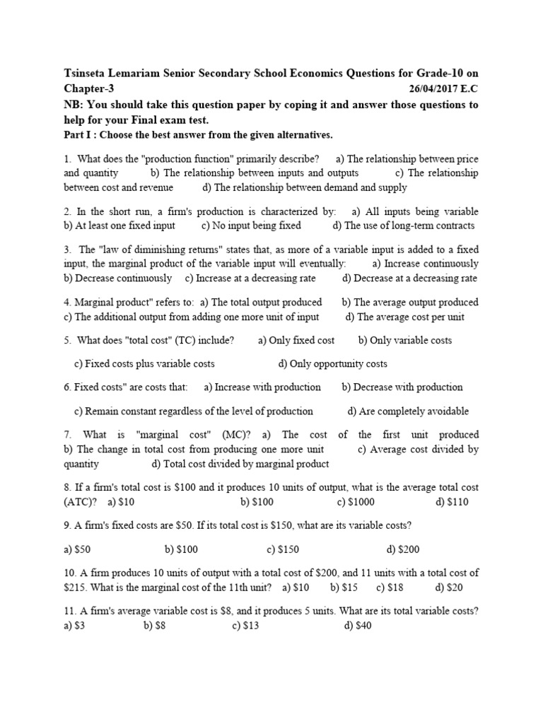 Eco - questionPaperG 10cha 3pdf | PDF | Average Cost | Marginal Cost