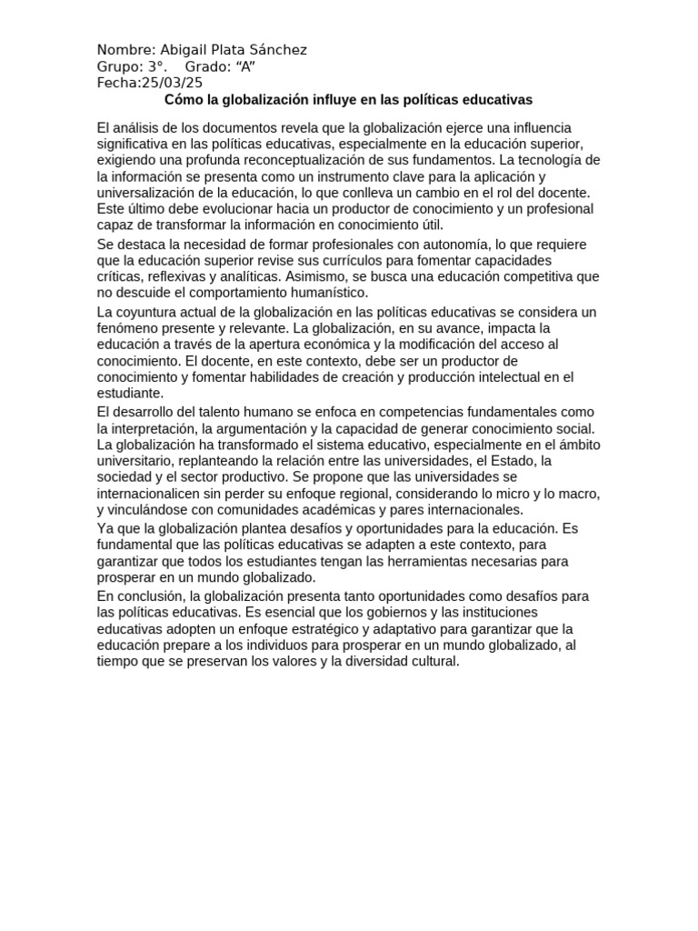 Impacto de la Globalización en Educación | PDF | Globalización ...