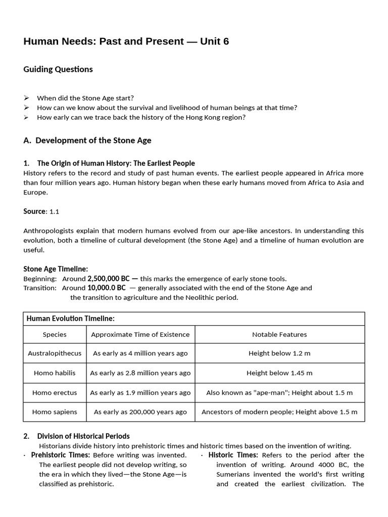 Human Needs Past and Present Unit 6 | PDF | Homo | Stone Age