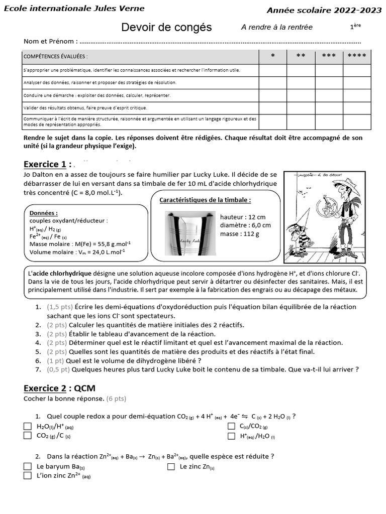 Devoir Surveillé de Chimie 2020 | PDF | Stœchiométrie | Dioxyde de soufre