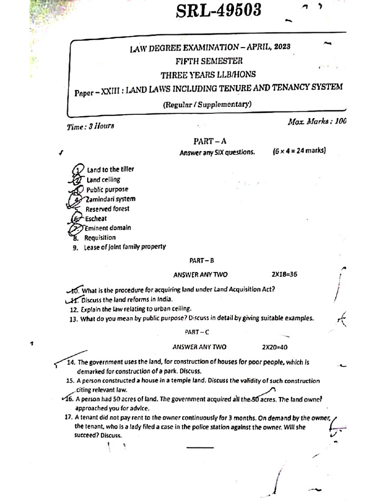 Land Laws Including Ceiling and Other Local Laws Previous Year Question ...
