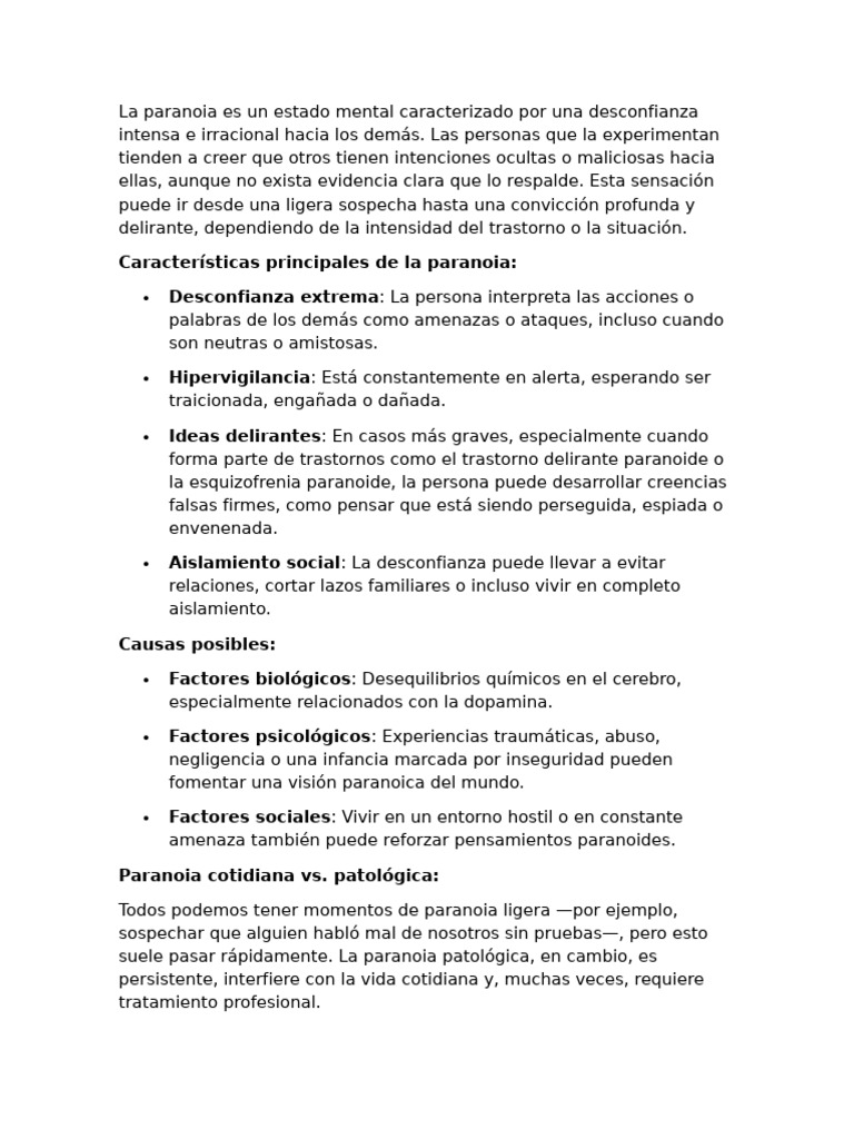Entendiendo la Paranoia: Causas y Tratamiento | PDF