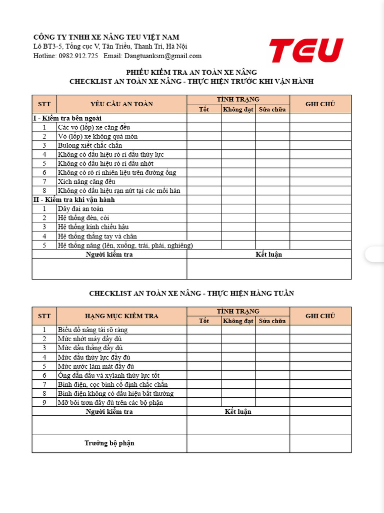 Biểu Mẫu Checklist Xe Nâng Excel - Công Ty Xe Nâng TEU Việt Nam.xlsx ...
