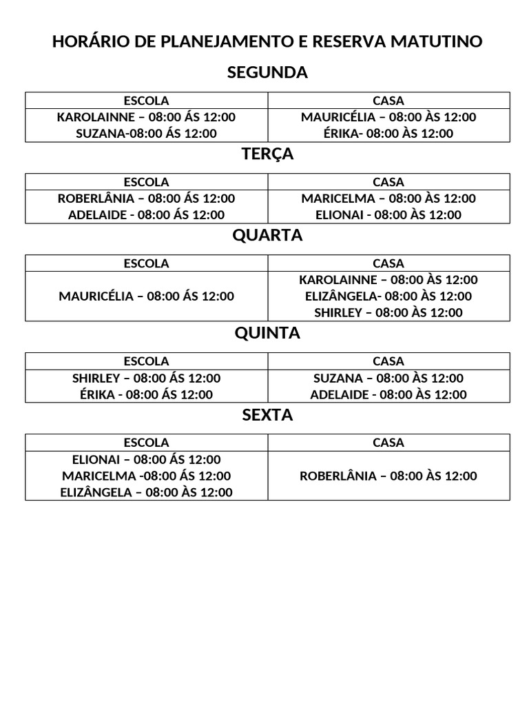 HORÁRIO DE PLANEJAMENTO E RESERVA MATUTINO | PDF