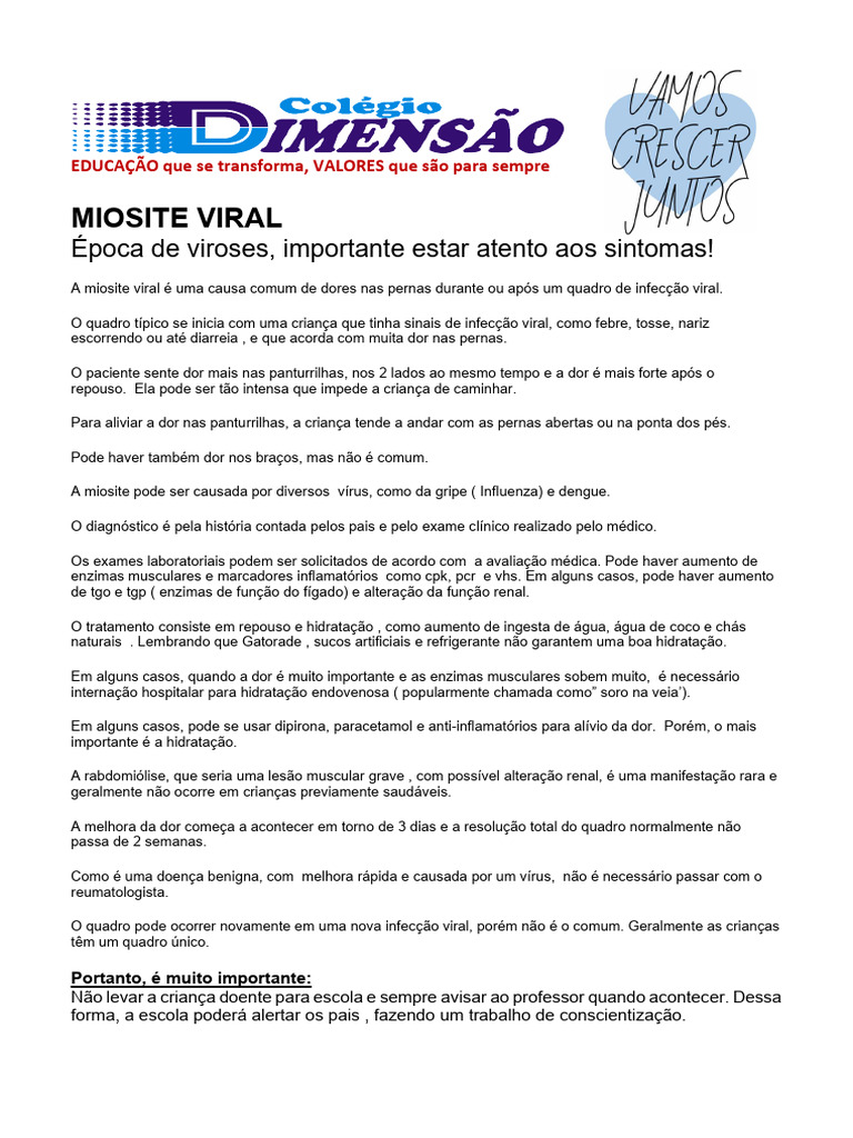 Miosite Viral em Crianças: Sintomas e Tratamento | PDF