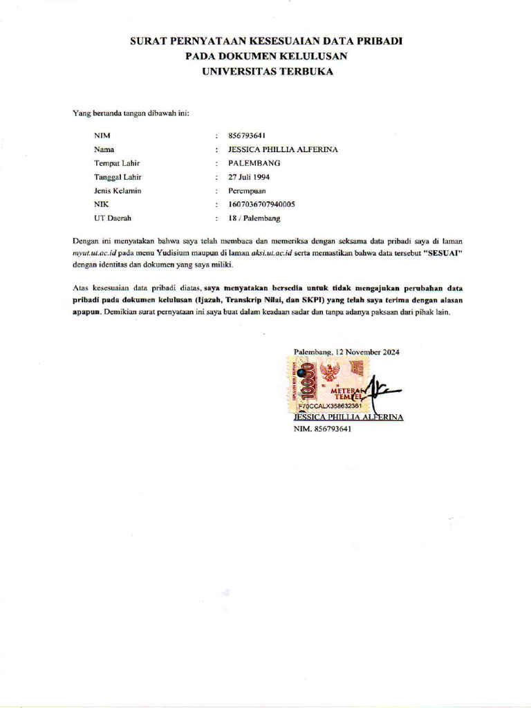 Surat Pernyataan Materai Ut Pdf