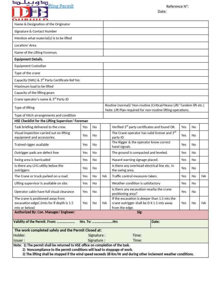 Lifting Permit Checklist and Guidelines | PDF | Crane (Machine) | Transport