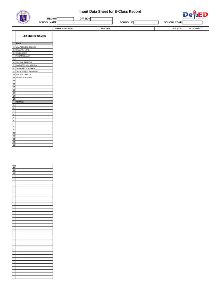 E-Class Record for Mathematics Grades | PDF | Mathematics