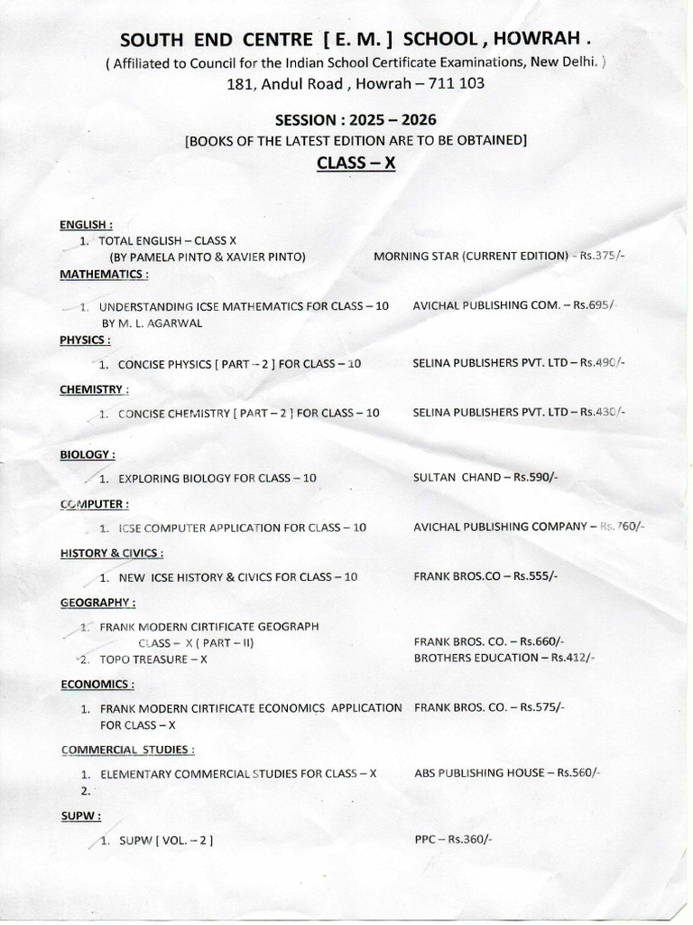Session 2025-26 Class X Book List | PDF