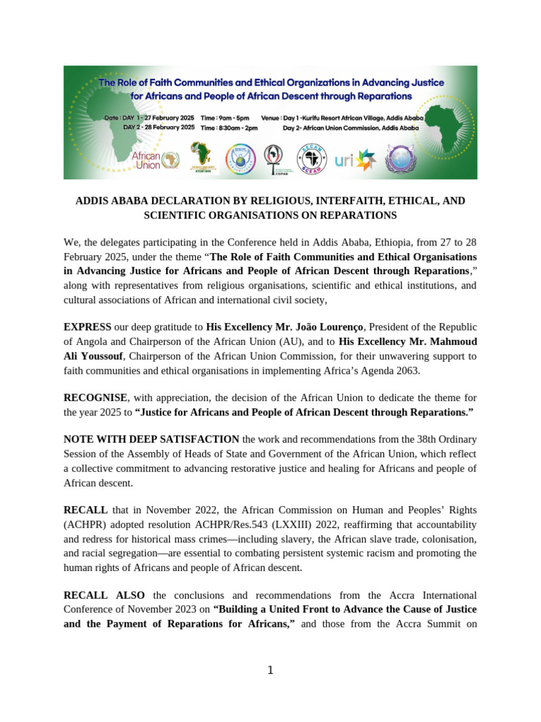 Addis Ababa Declaration on Reparations | PDF | African Union | Natural ...