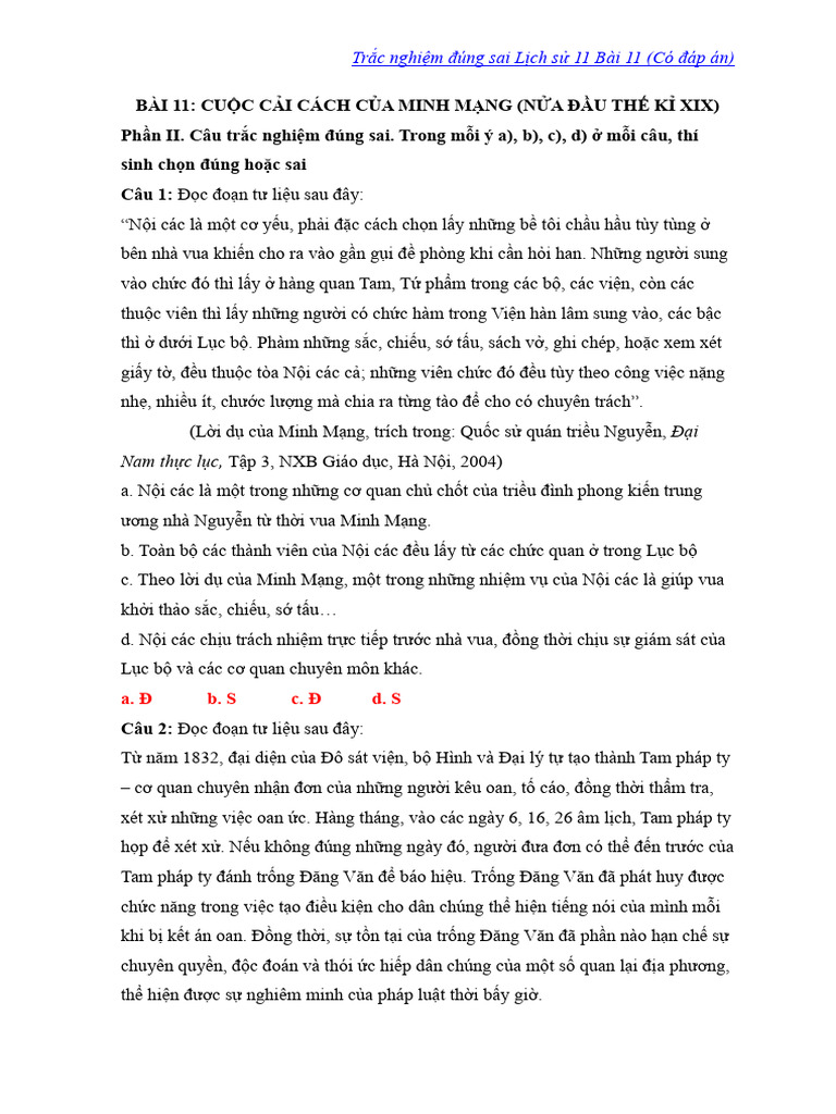 Trac Nghiem Dung Sai Lich Su 11 Bai 11 | PDF