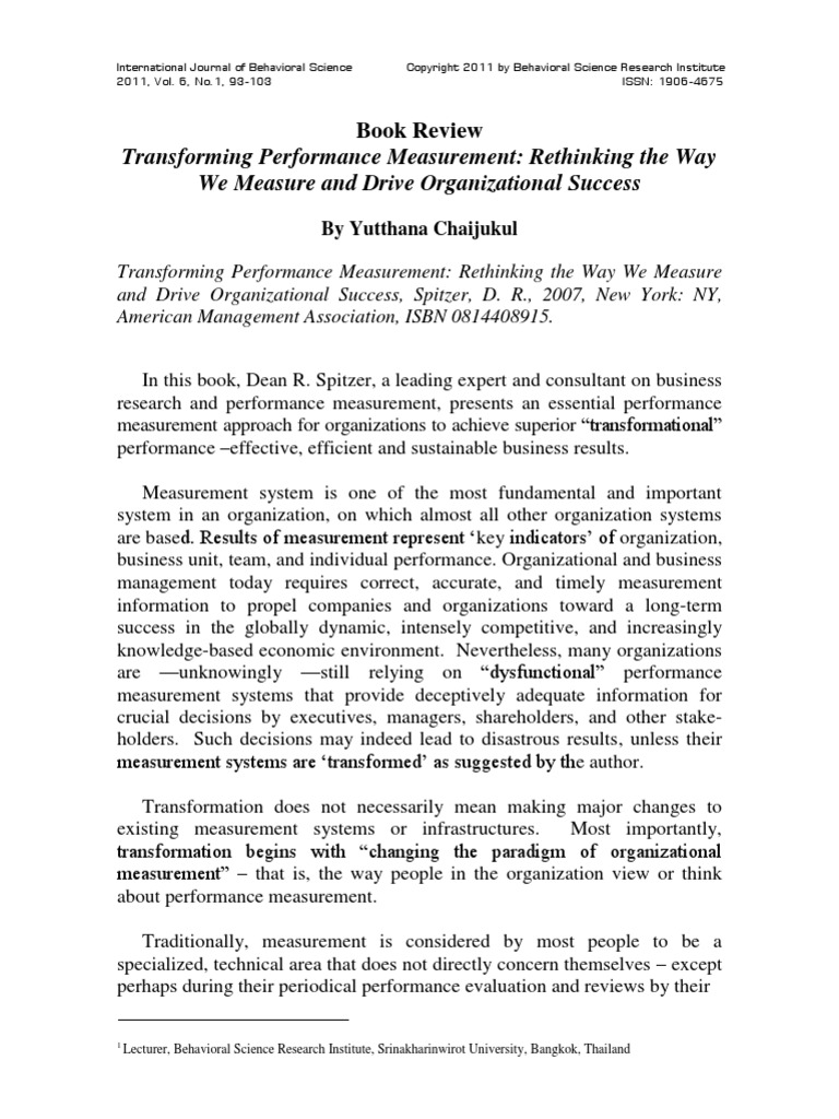 Book Review Transforming Performance Measurement Rethinking The Way We ...