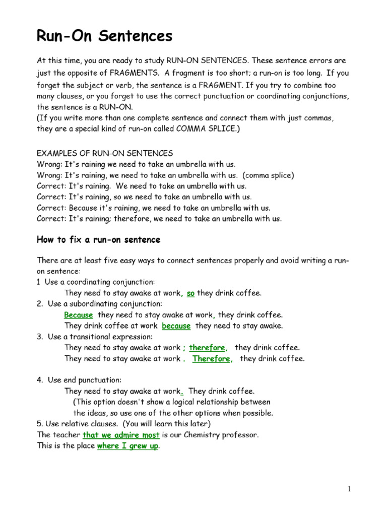 Run-On Sentences - Practice & Correction (Wroksheet) | PDF