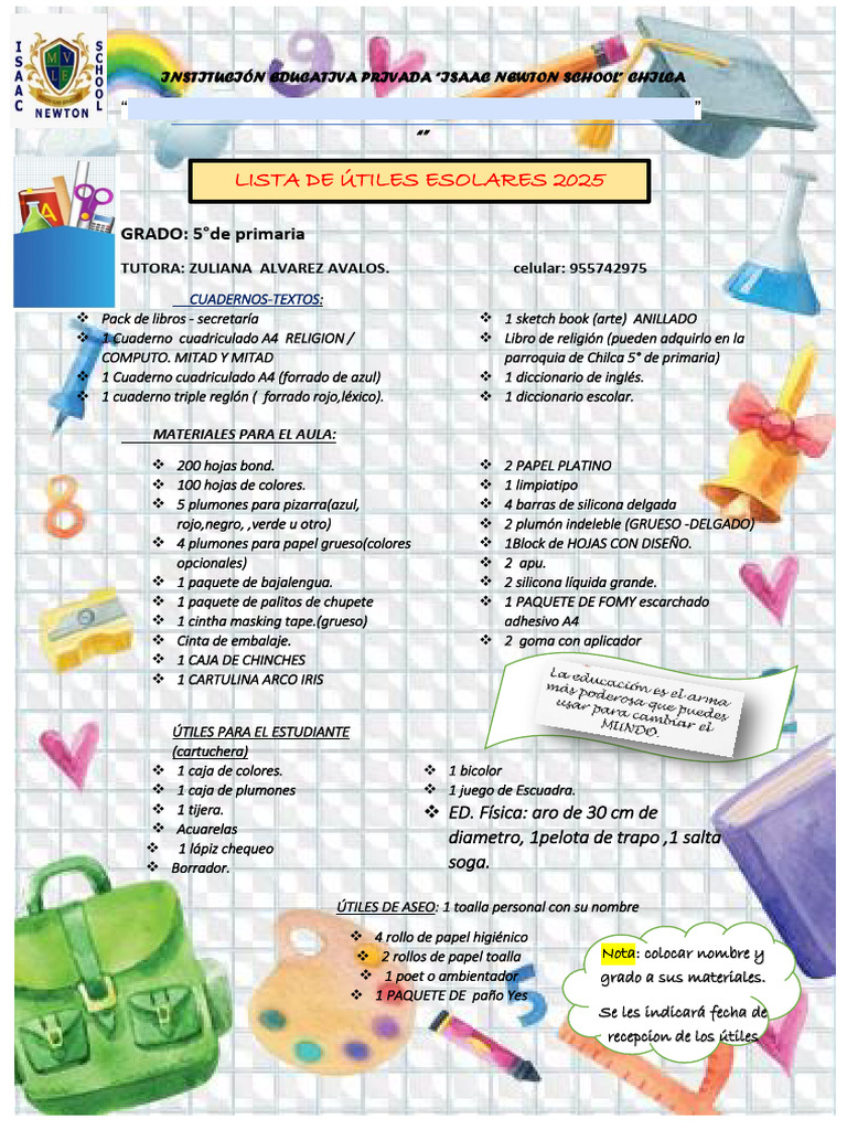 Lista de Útiles Escolares 2025 5° Primaria | PDF | Papel | Materiales ...