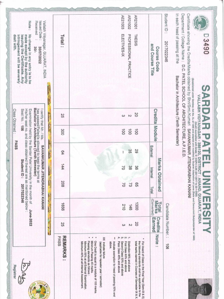 17SA163 10th Sem Marksheet | PDF