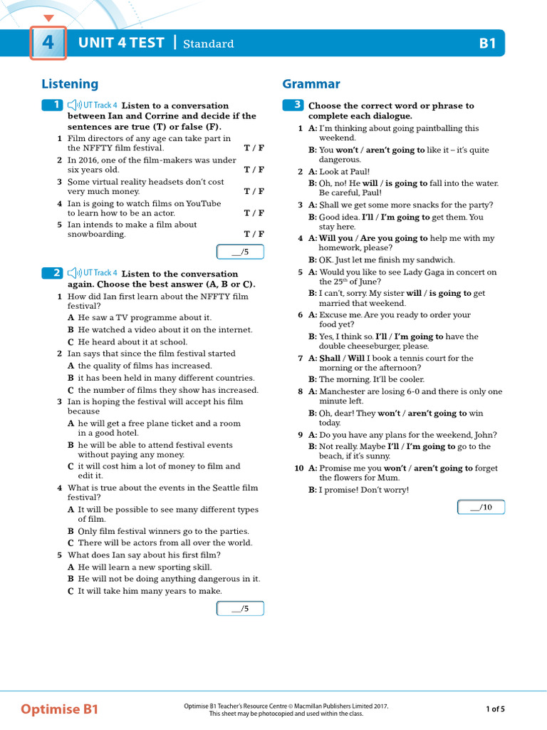 B1 Unit 4 Test: Listening & Grammar | PDF
