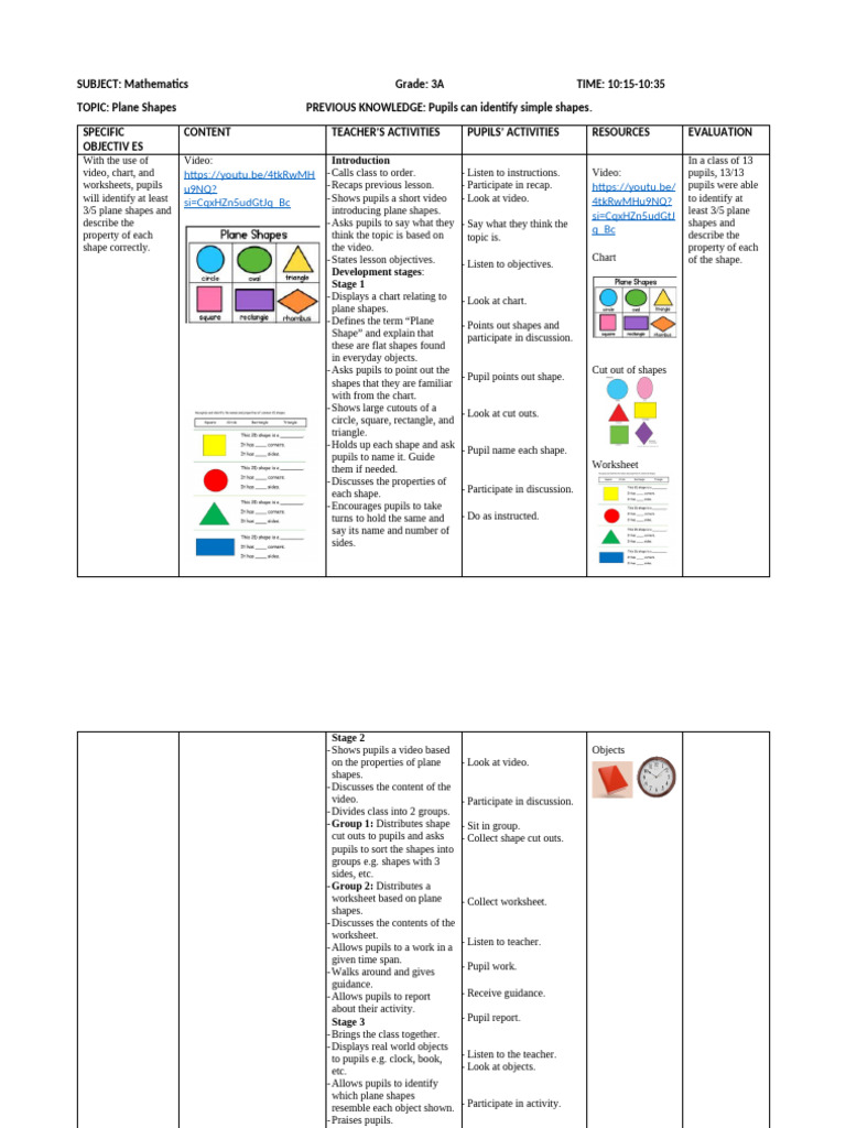 Lower Grade Lesson Plan | PDF | Shape | Lesson Plan