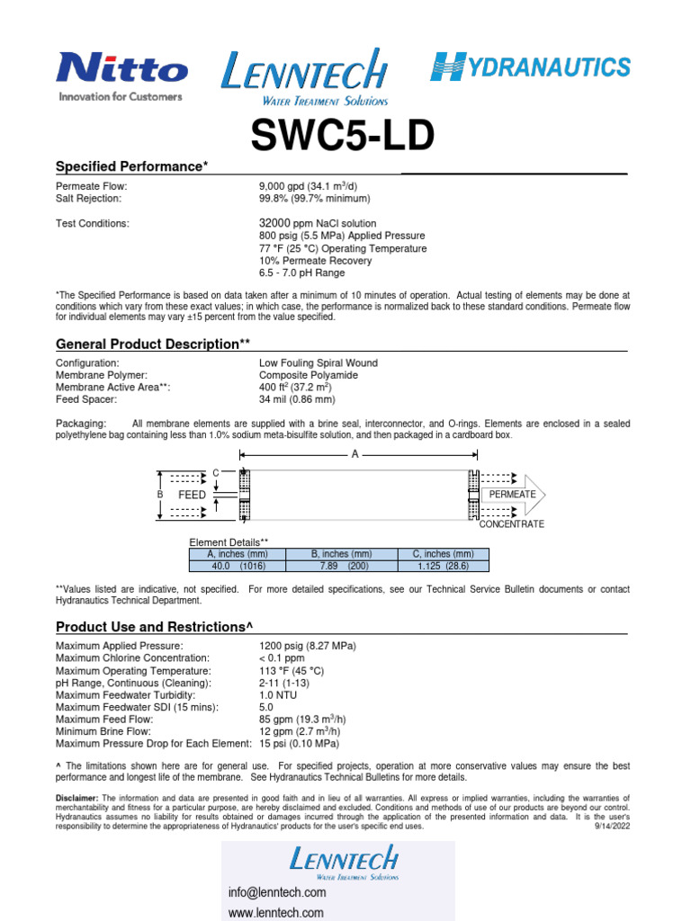 SWC5-LD Membrane Specifications | PDF | Membrane | Sodium Chloride