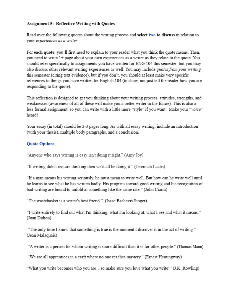 Assignment 5 Reflective Writing With Quotes | PDF | Essays | Thought
