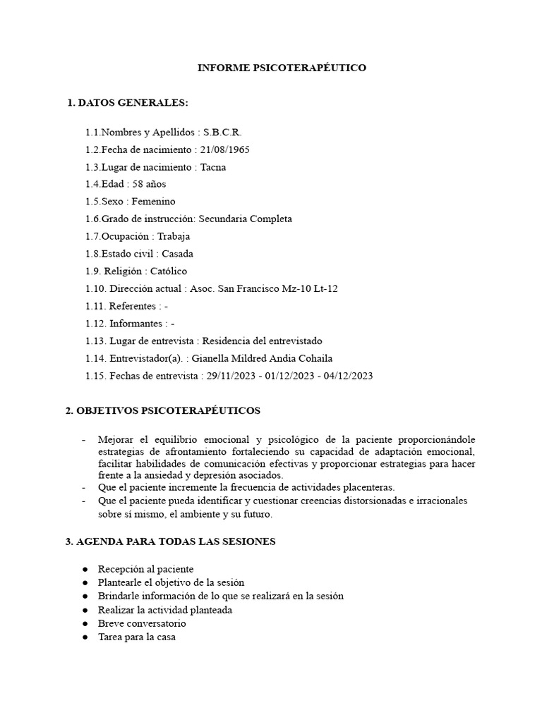 Informe Psicoterapéutico de S.B.C.R. | PDF | Las emociones | Depresión ...